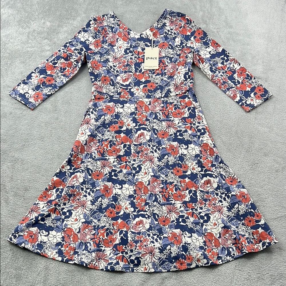 NEW PACT S Organic Cotton Stretch Autumn Cosmos Fit & Flare Midi Party Dress HS